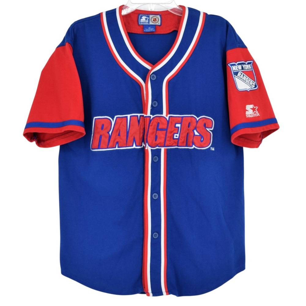Starter NHL New York Rangers Vtg 90s Men's M Blue Red Baseball Button Up Jersey